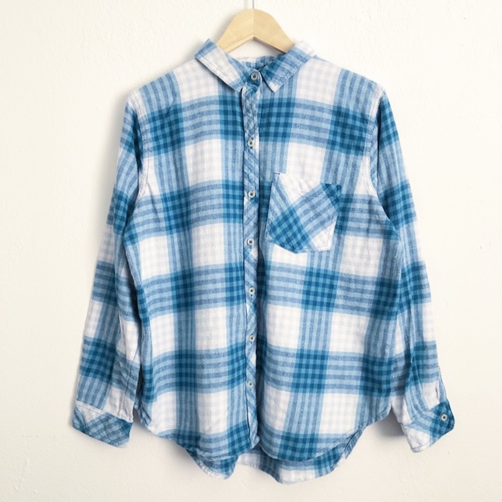 Blue and White Plaid Flannel Shirt